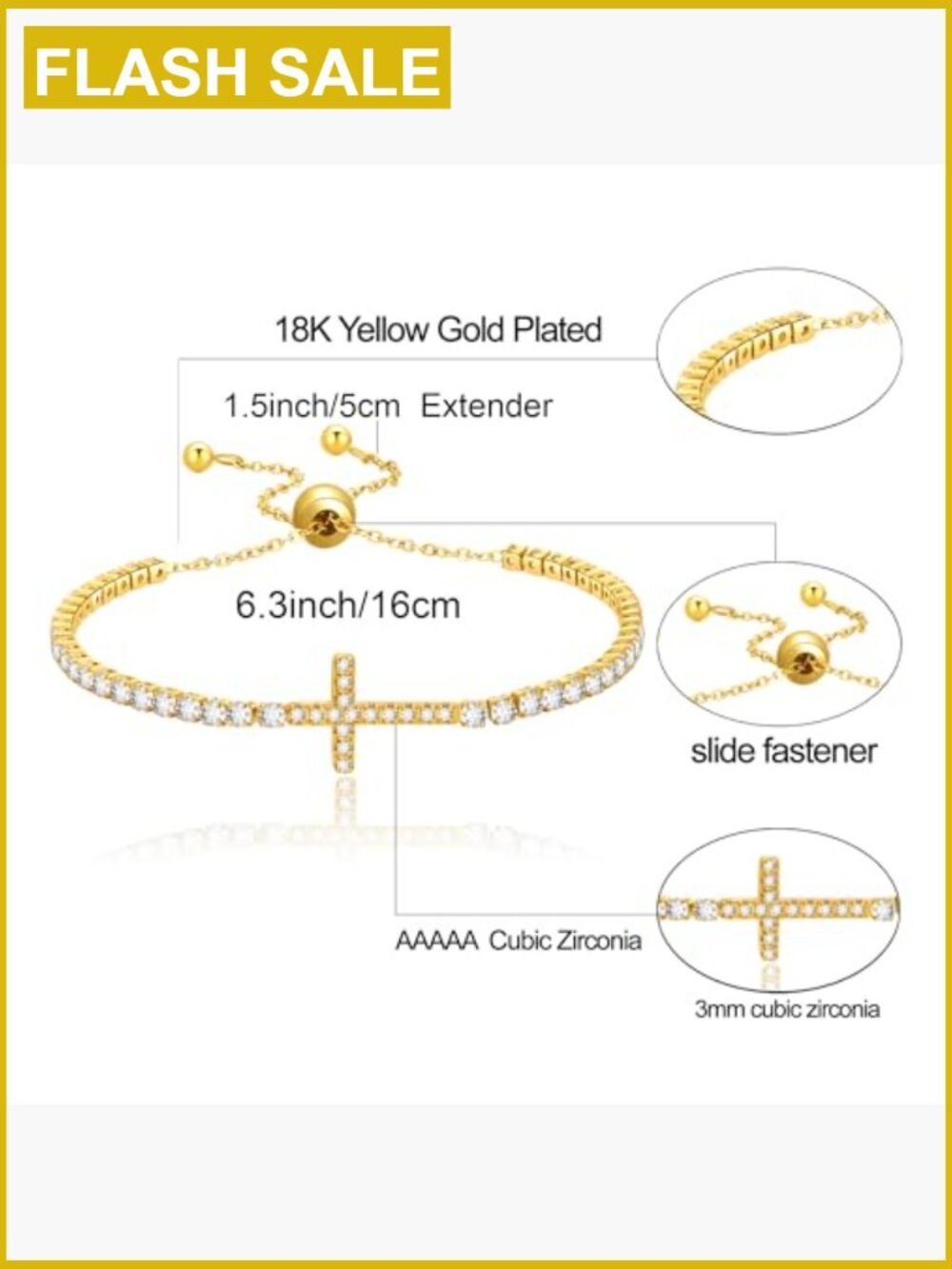 18k Gold Plated Tennis Bracelet Non Tarnish CZ Diamond Crystal Adjustable - Picture 5 of 7